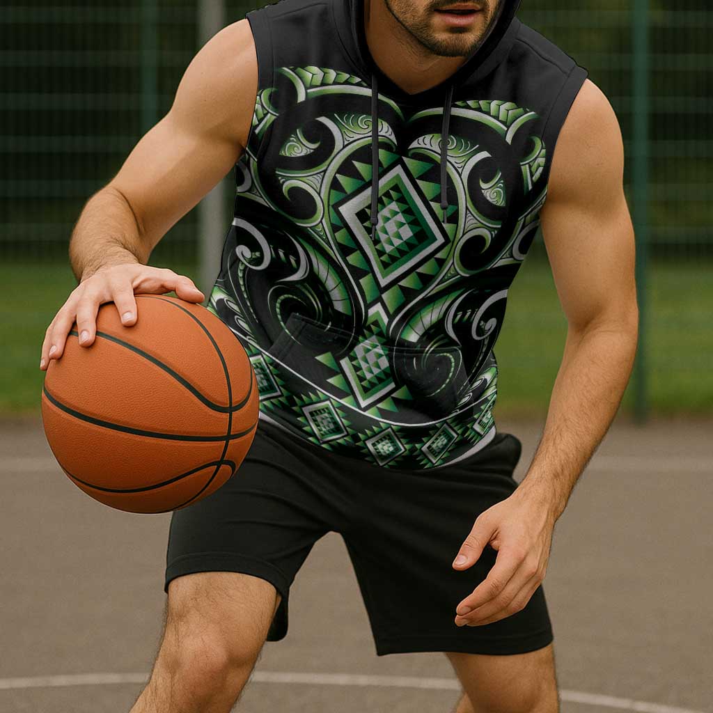Green Ngaru Taniko With Aotearoa Maori Tattoo Sleeveless Hoodie - Aussie Hoodie