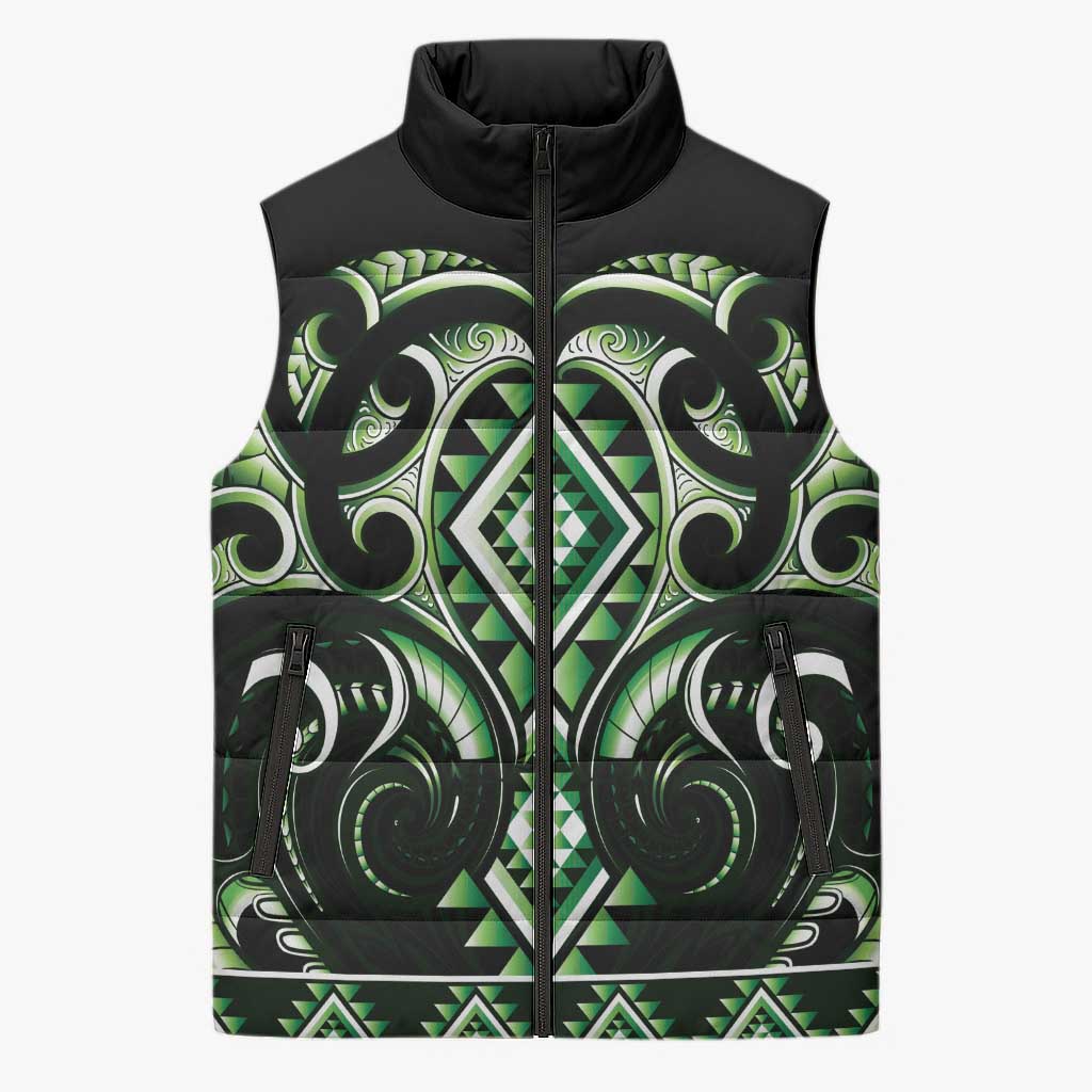 Green Ngaru Taniko With Aotearoa Maori Tattoo Sleeveless Puffer Jacket - Aussie Hoodie