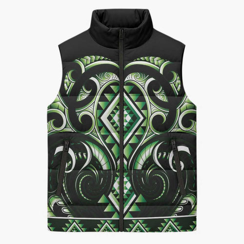Green Ngaru Taniko With Aotearoa Maori Tattoo Sleeveless Puffer Jacket - Aussie Hoodie