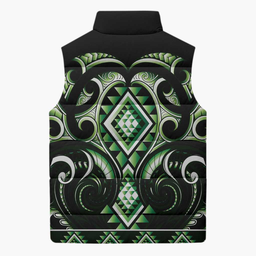 Green Ngaru Taniko With Aotearoa Maori Tattoo Sleeveless Puffer Jacket - Aussie Hoodie