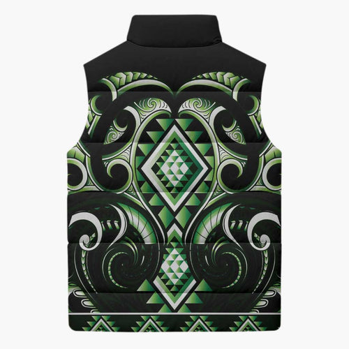 Green Ngaru Taniko With Aotearoa Maori Tattoo Sleeveless Puffer Jacket - Aussie Hoodie