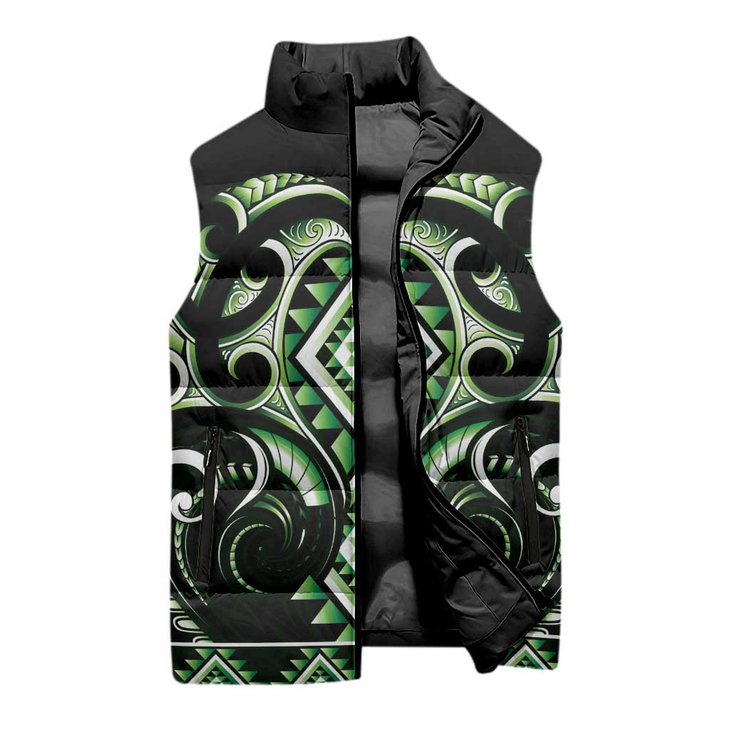 Green Ngaru Taniko With Aotearoa Maori Tattoo Sleeveless Puffer Jacket - Aussie Hoodie