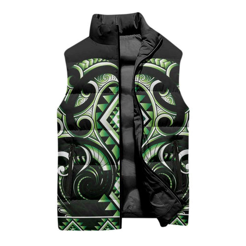Green Ngaru Taniko With Aotearoa Maori Tattoo Sleeveless Puffer Jacket - Aussie Hoodie