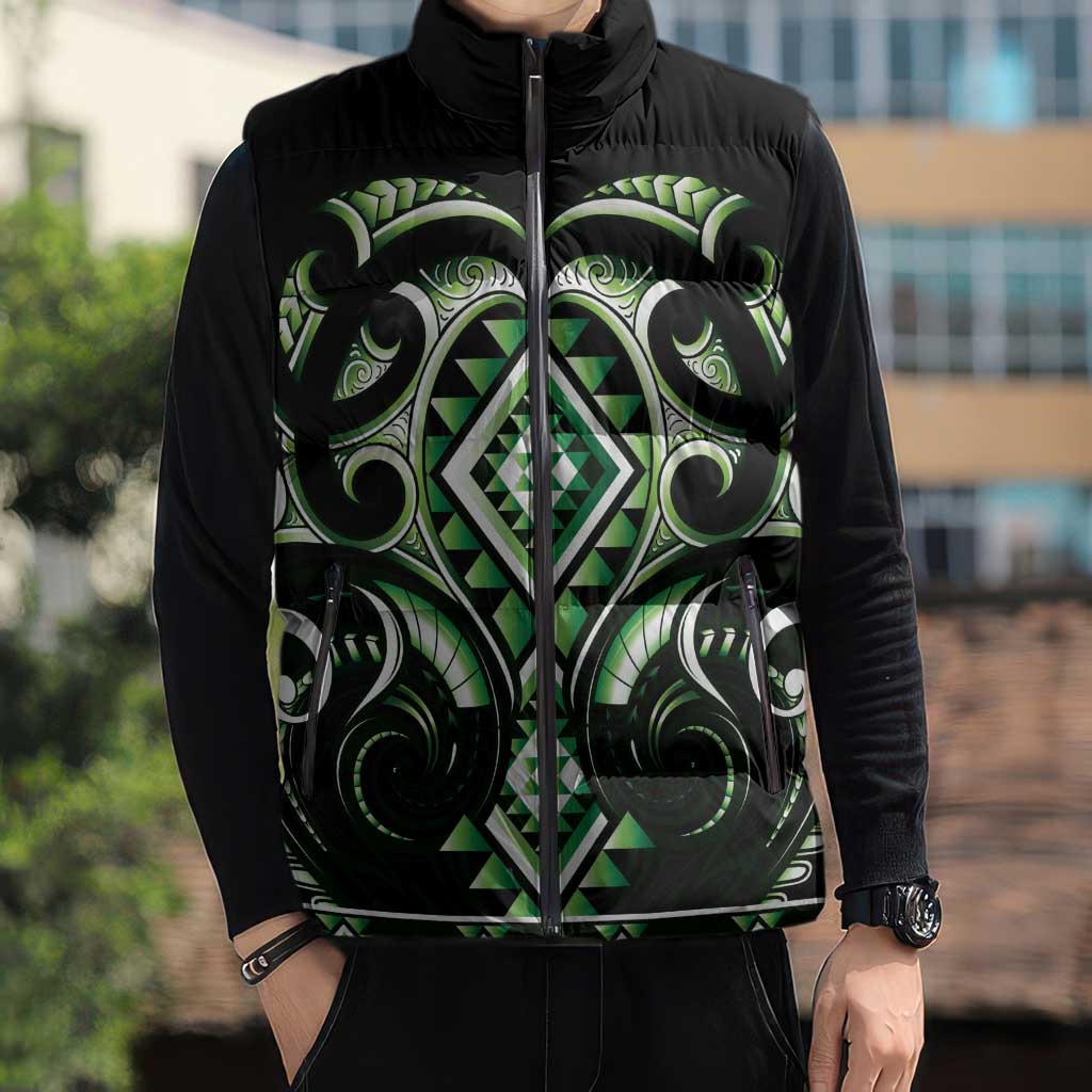 Green Ngaru Taniko With Aotearoa Maori Tattoo Sleeveless Puffer Jacket - Aussie Hoodie