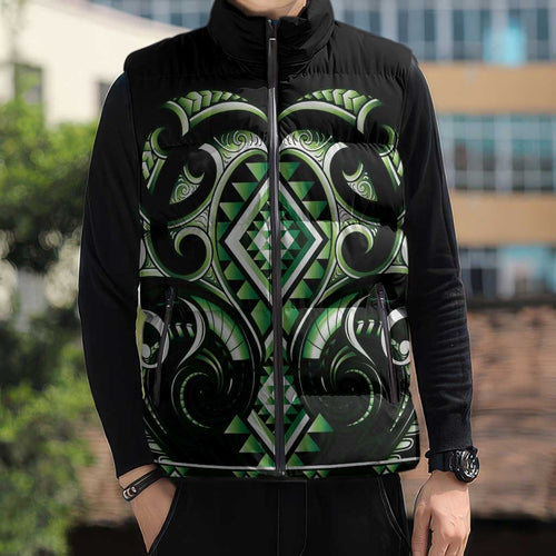 Green Ngaru Taniko With Aotearoa Maori Tattoo Sleeveless Puffer Jacket - Aussie Hoodie