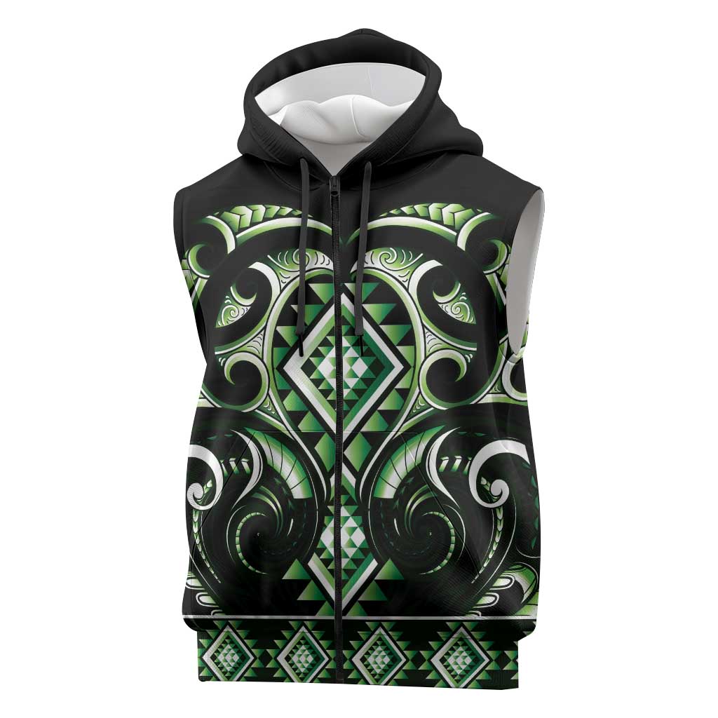 Green Ngaru Taniko With Aotearoa Maori Tattoo Sleeveless Zip Hoodie LT14