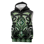 Green Ngaru Taniko With Aotearoa Maori Tattoo Sleeveless Zip Hoodie LT14