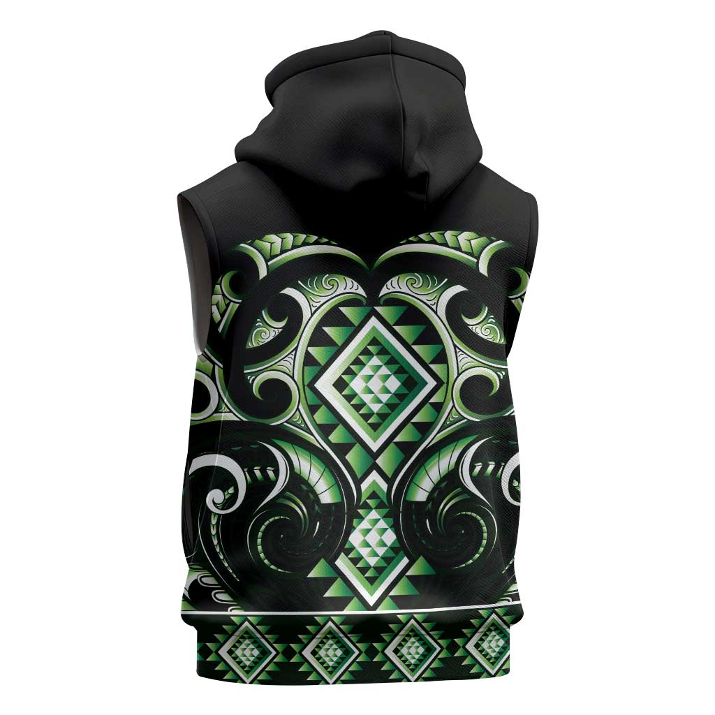 Green Ngaru Taniko With Aotearoa Maori Tattoo Sleeveless Zip Hoodie LT14