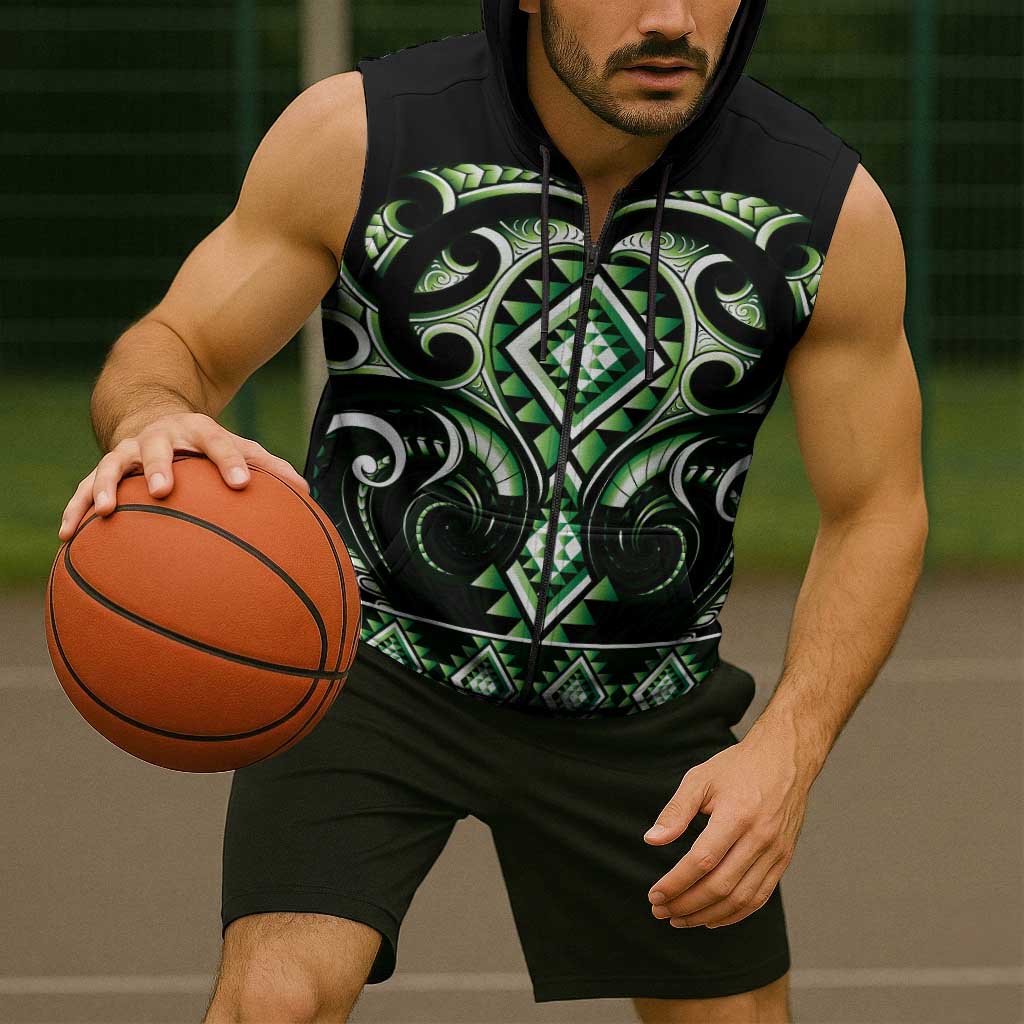 Green Ngaru Taniko With Aotearoa Maori Tattoo Sleeveless Zip Hoodie LT14