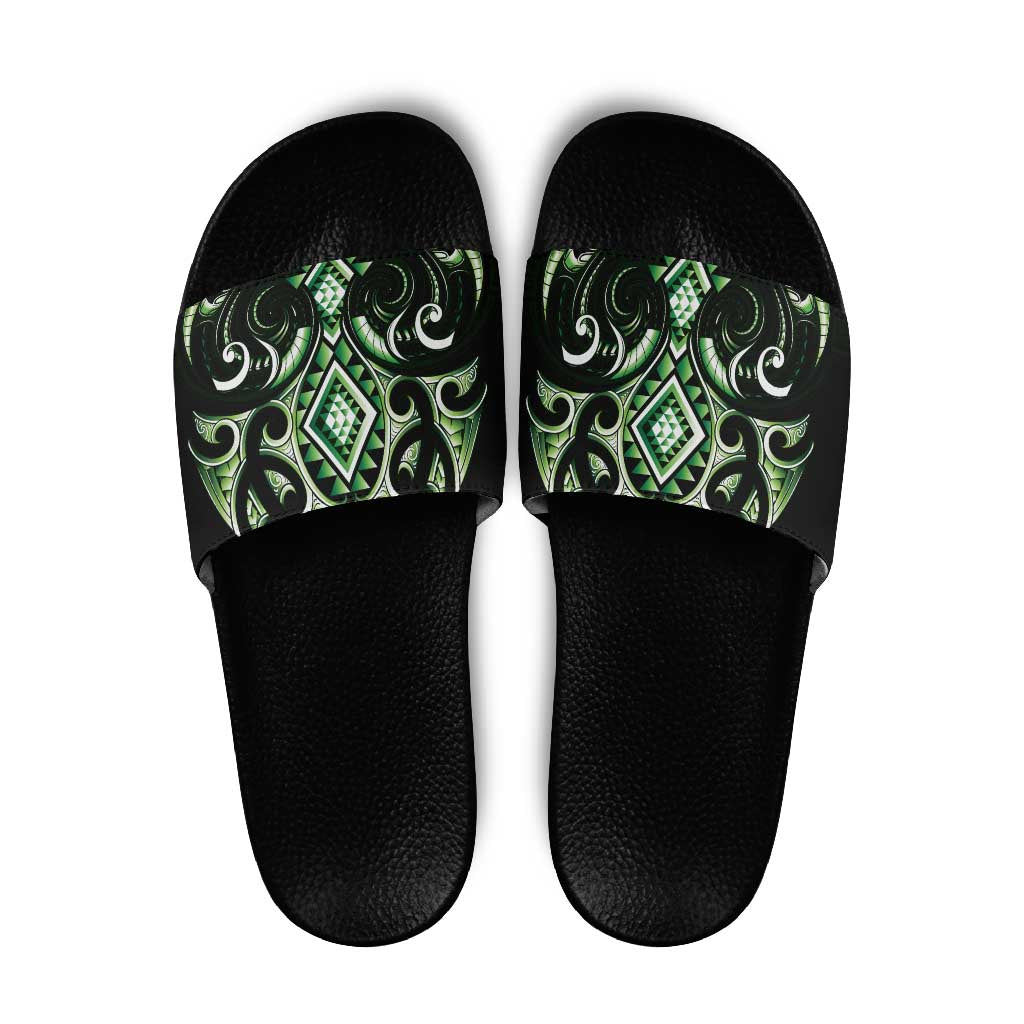 Green Ngaru Taniko With Aotearoa Maori Tattoo Slide Sandals - Aussie Hoodie
