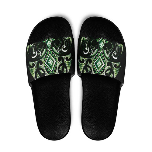 Green Ngaru Taniko With Aotearoa Maori Tattoo Slide Sandals - Aussie Hoodie