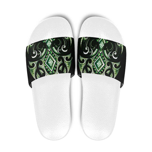 Green Ngaru Taniko With Aotearoa Maori Tattoo Slide Sandals - Aussie Hoodie