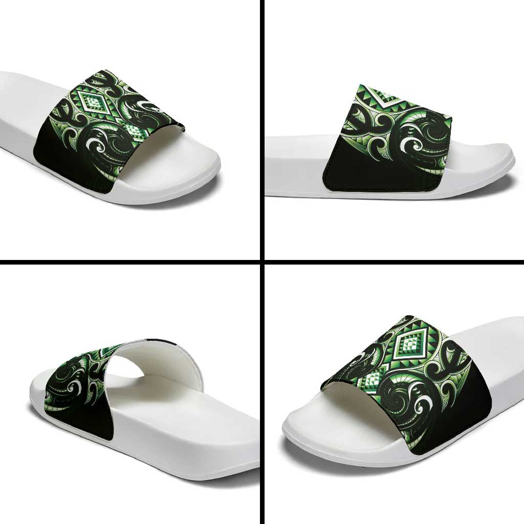 Green Ngaru Taniko With Aotearoa Maori Tattoo Slide Sandals - Aussie Hoodie