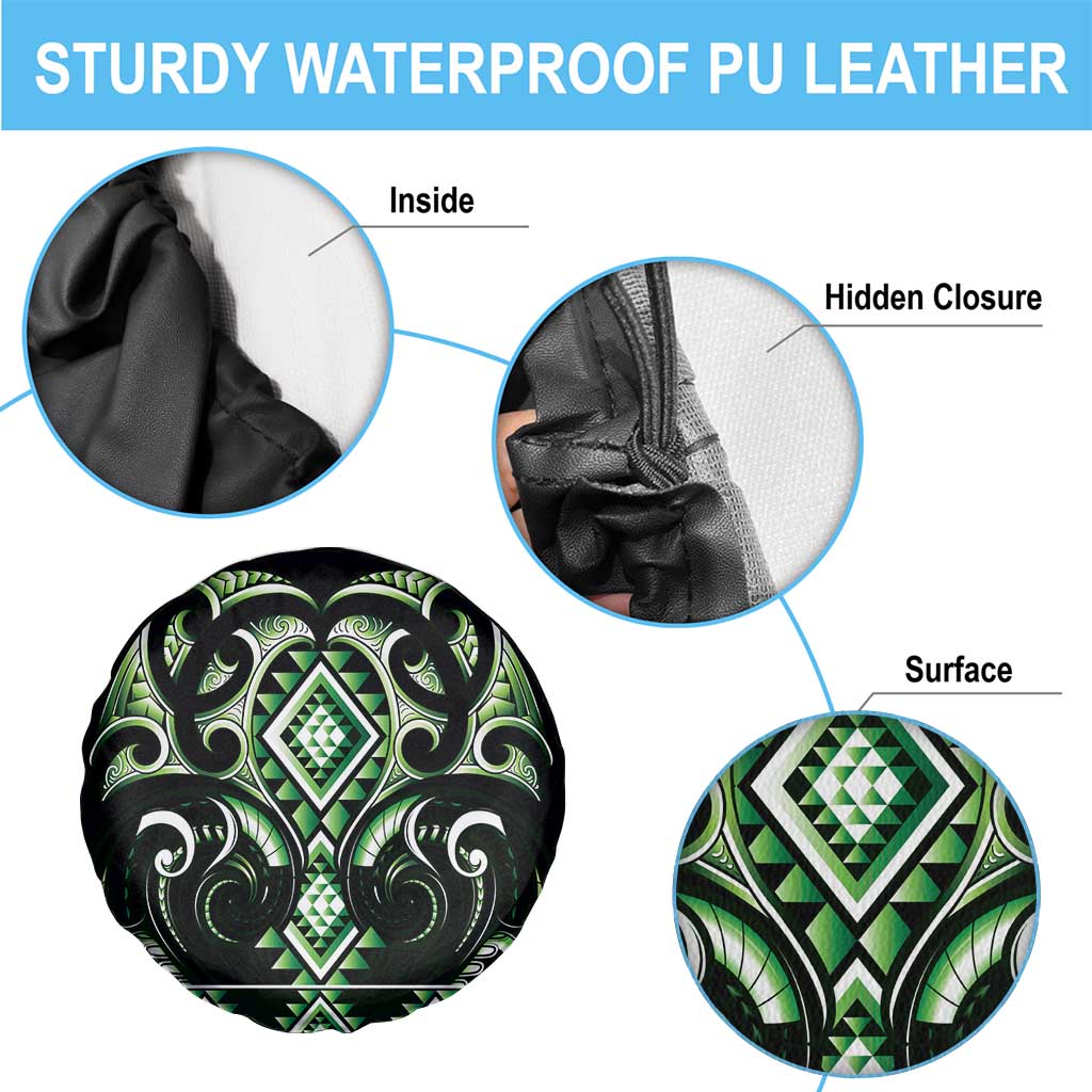 Green Ngaru Taniko With Aotearoa Maori Tattoo Spare Tire Cover