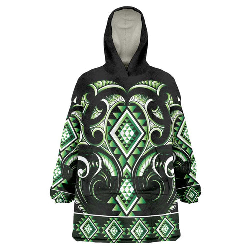 Green Ngaru Taniko With Aotearoa Maori Tattoo Wearable Blanket Hoodie
