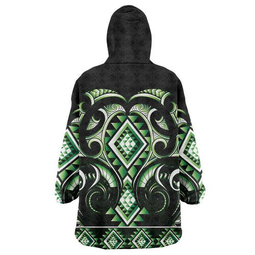 Green Ngaru Taniko With Aotearoa Maori Tattoo Wearable Blanket Hoodie