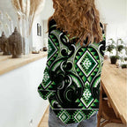Green Ngaru Taniko With Aotearoa Maori Tattoo Women Casual Shirt