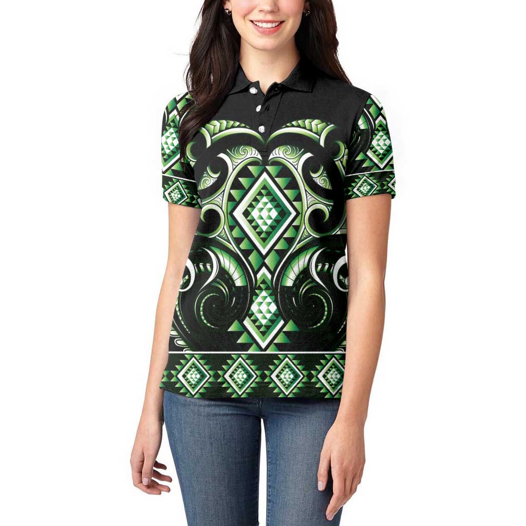 Green Ngaru Taniko With Aotearoa Maori Tattoo Women Polo Shirt
