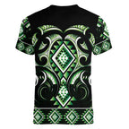Green Ngaru Taniko With Aotearoa Maori Tattoo Women V-Neck T-Shirt
