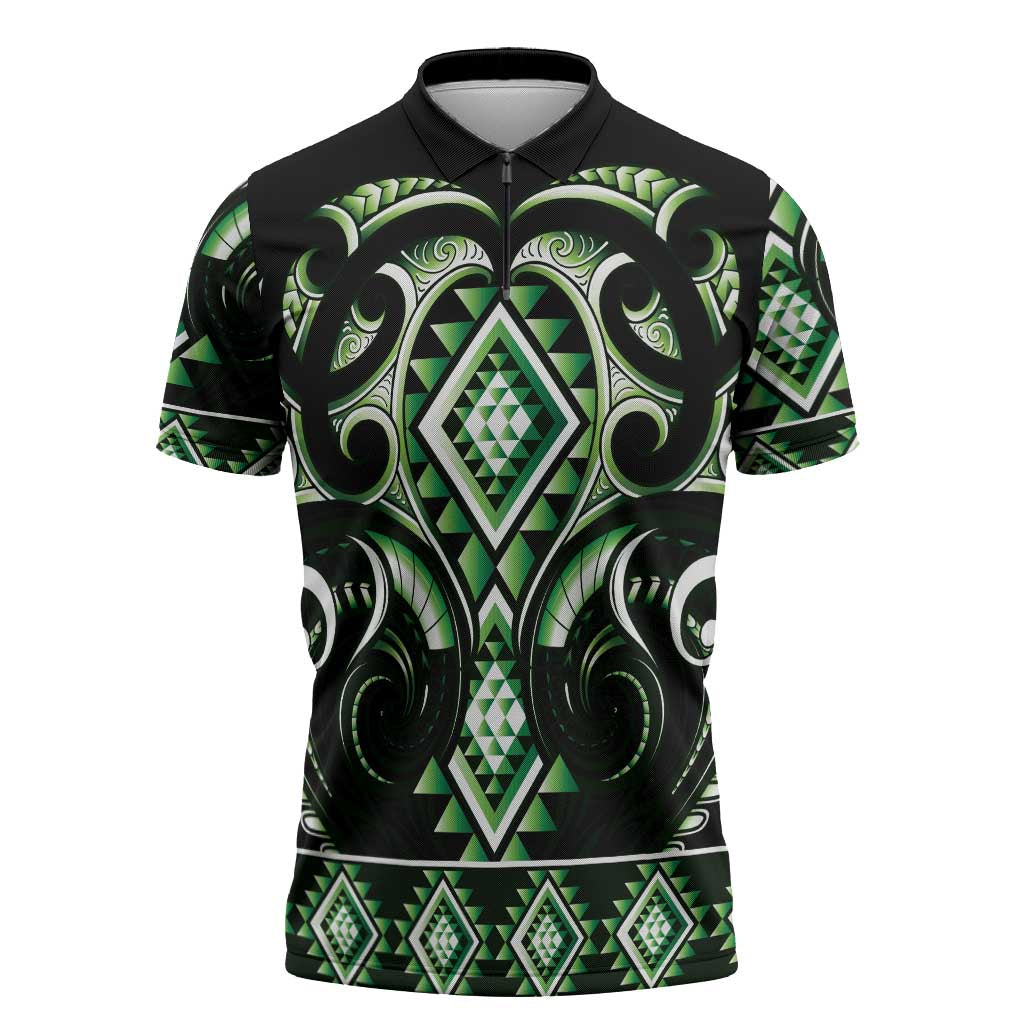 Green Ngaru Taniko With Aotearoa Maori Tattoo Zipper Polo Shirt - Aussie Hoodie