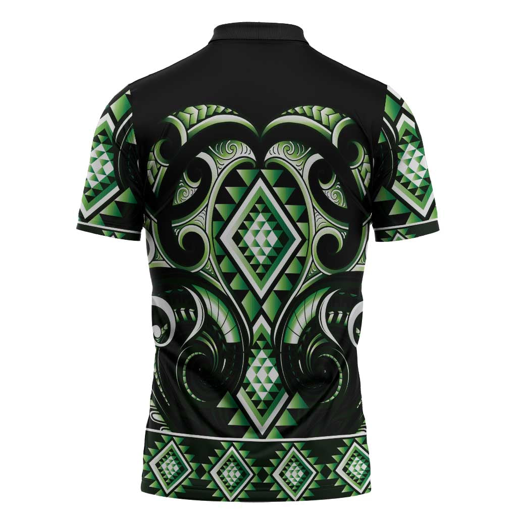 Green Ngaru Taniko With Aotearoa Maori Tattoo Zipper Polo Shirt - Aussie Hoodie