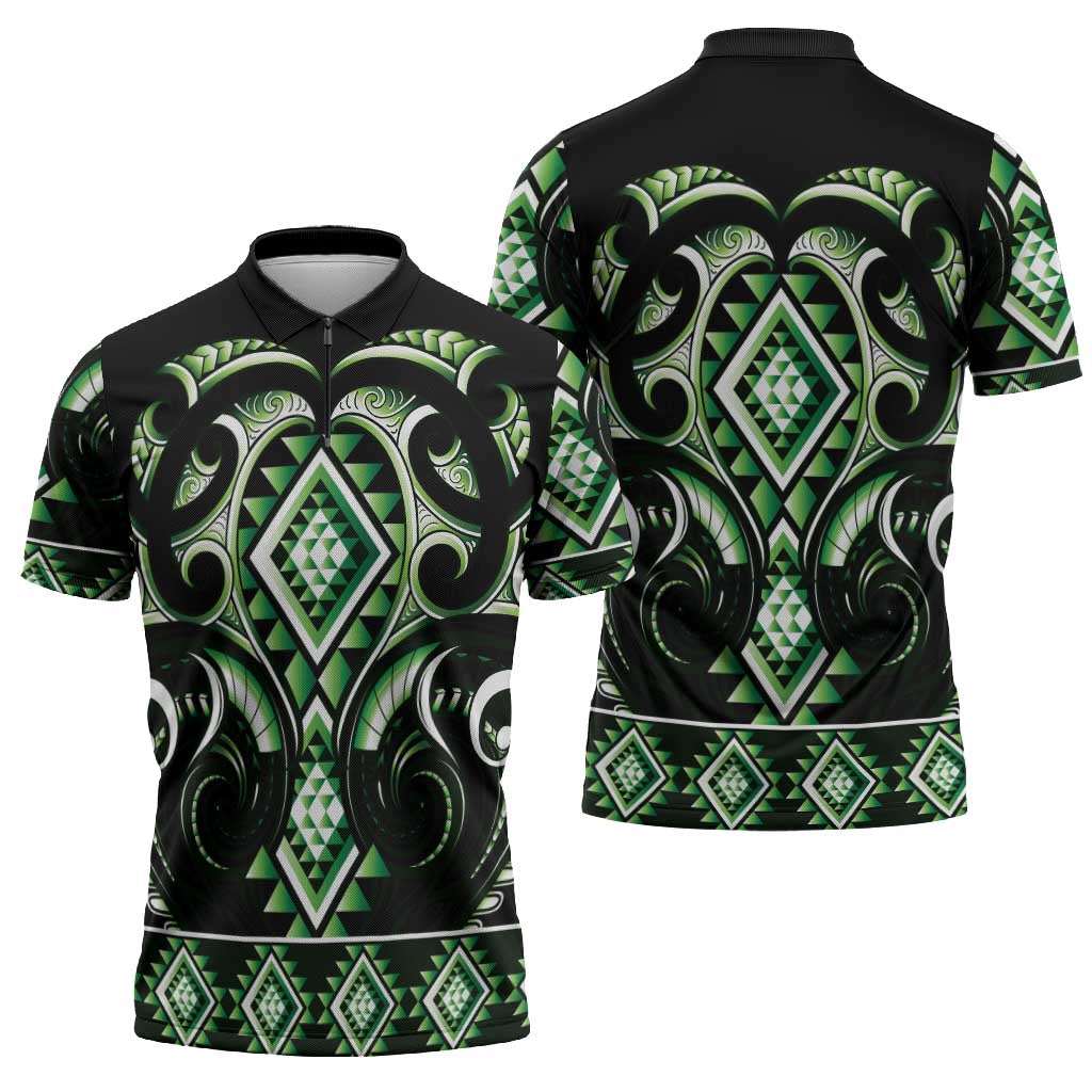 Green Ngaru Taniko With Aotearoa Maori Tattoo Zipper Polo Shirt - Aussie Hoodie