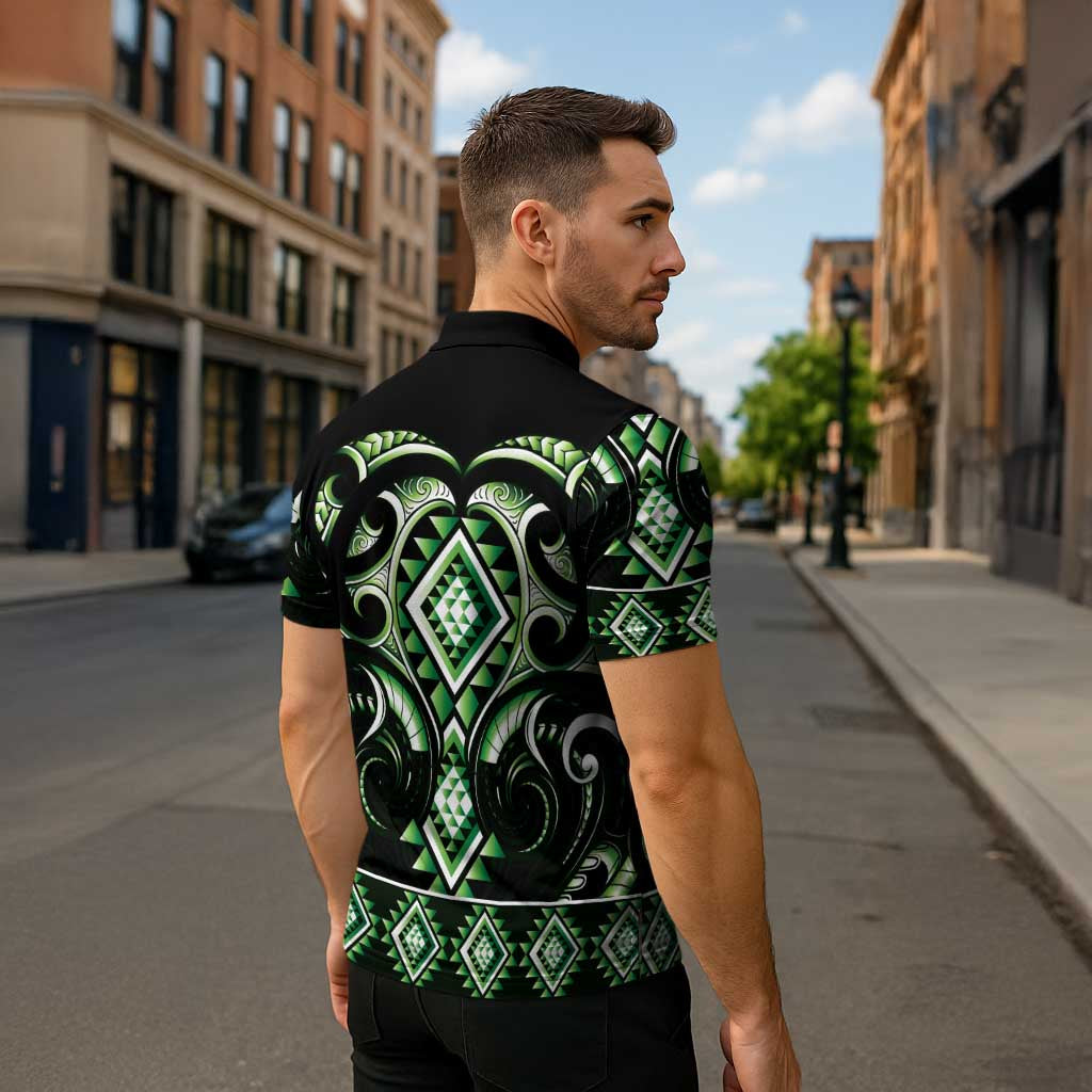 Green Ngaru Taniko With Aotearoa Maori Tattoo Zipper Polo Shirt - Aussie Hoodie