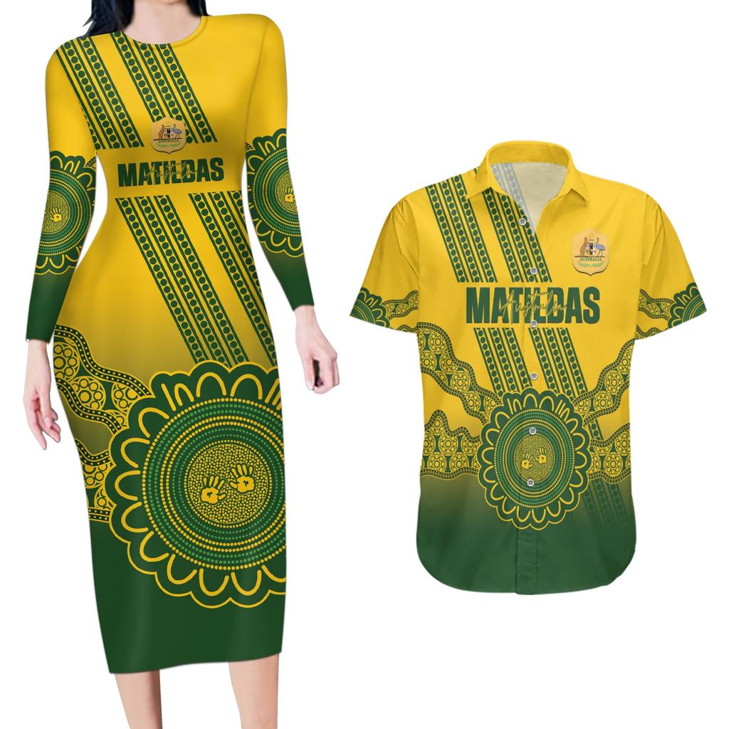 Custom Australia Matildas Couples Matching Long Sleeve Bodycon Dress and Hawaiian Shirt Aussie Aboriginal Gold Version