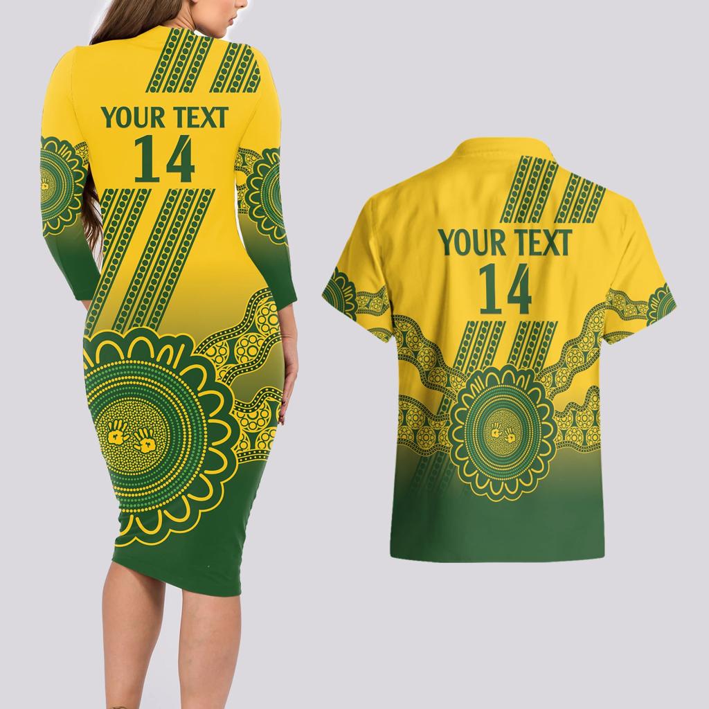Custom Australia Matildas Couples Matching Long Sleeve Bodycon Dress and Hawaiian Shirt Aussie Aboriginal Gold Version