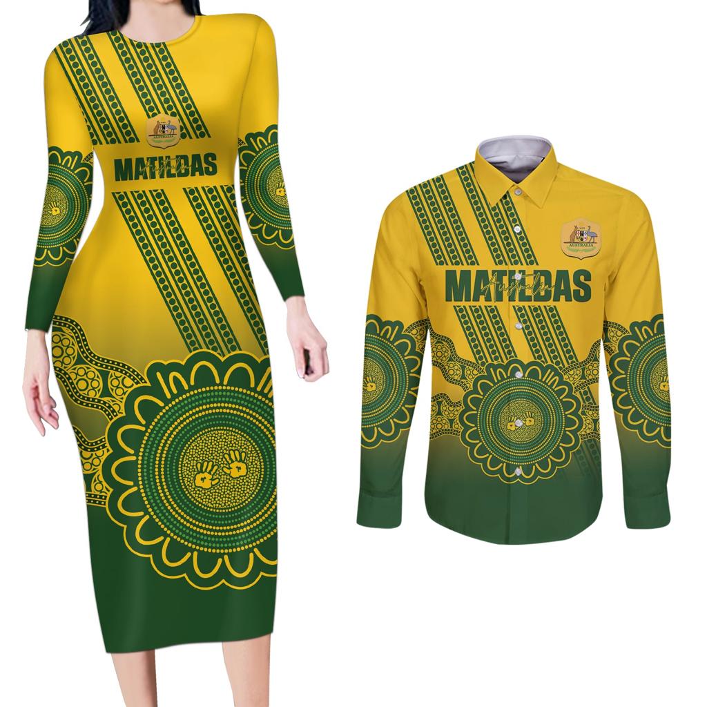 Custom Australia Matildas Couples Matching Long Sleeve Bodycon Dress and Long Sleeve Button Shirt Aussie Aboriginal Gold Version