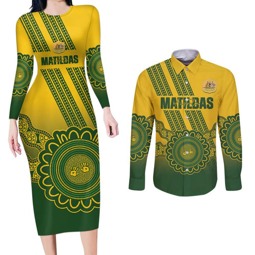 Custom Australia Matildas Couples Matching Long Sleeve Bodycon Dress and Long Sleeve Button Shirt Aussie Aboriginal Gold Version
