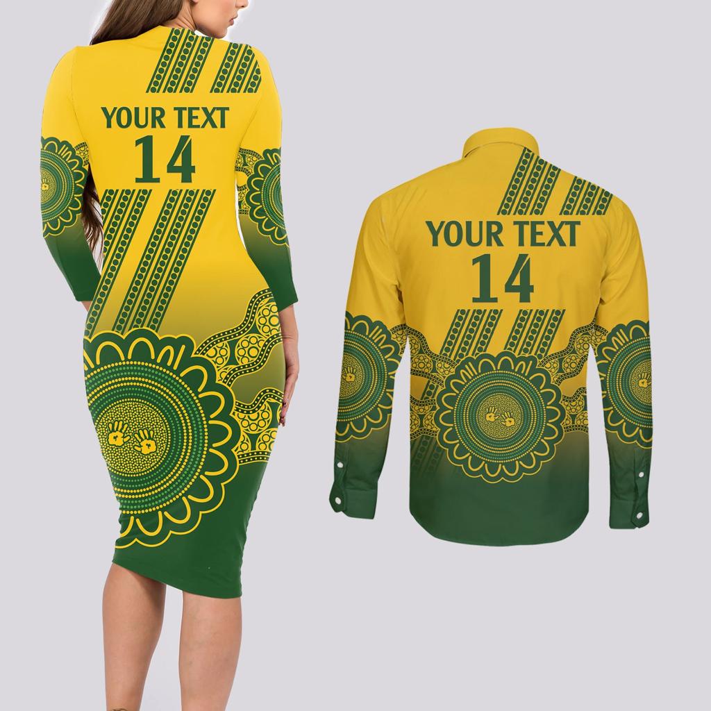 Custom Australia Matildas Couples Matching Long Sleeve Bodycon Dress and Long Sleeve Button Shirt Aussie Aboriginal Gold Version