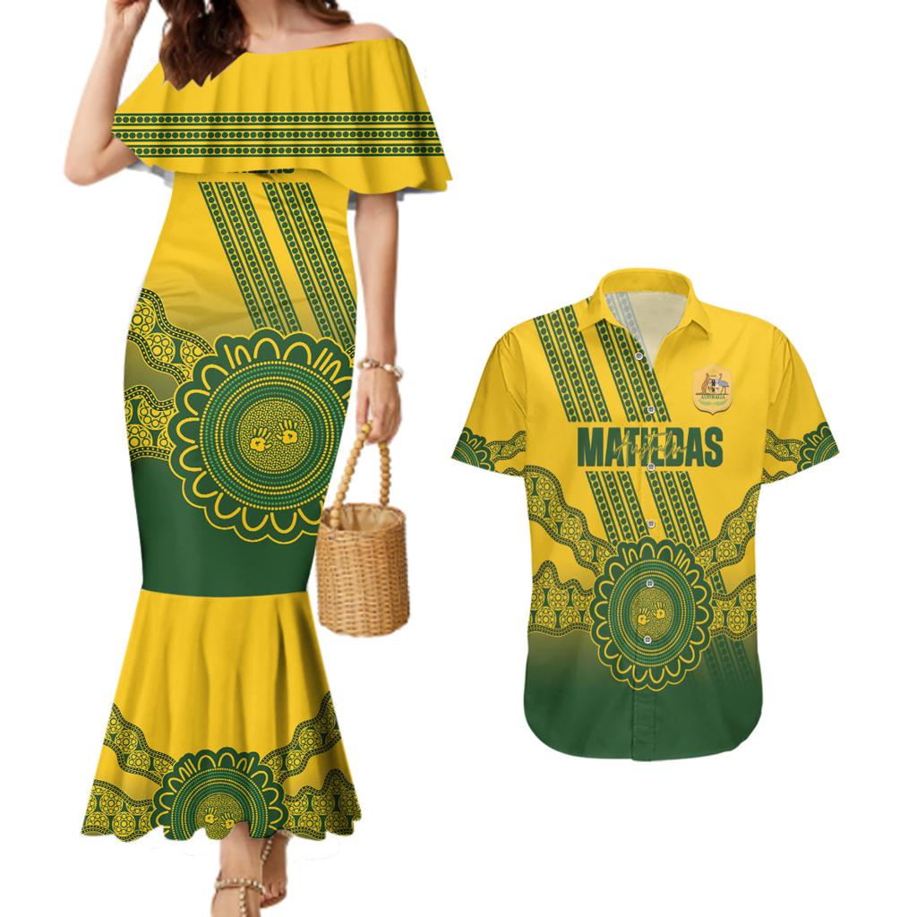 Custom Australia Matildas Couples Matching Mermaid Dress and Hawaiian Shirt Aussie Aboriginal Gold Version