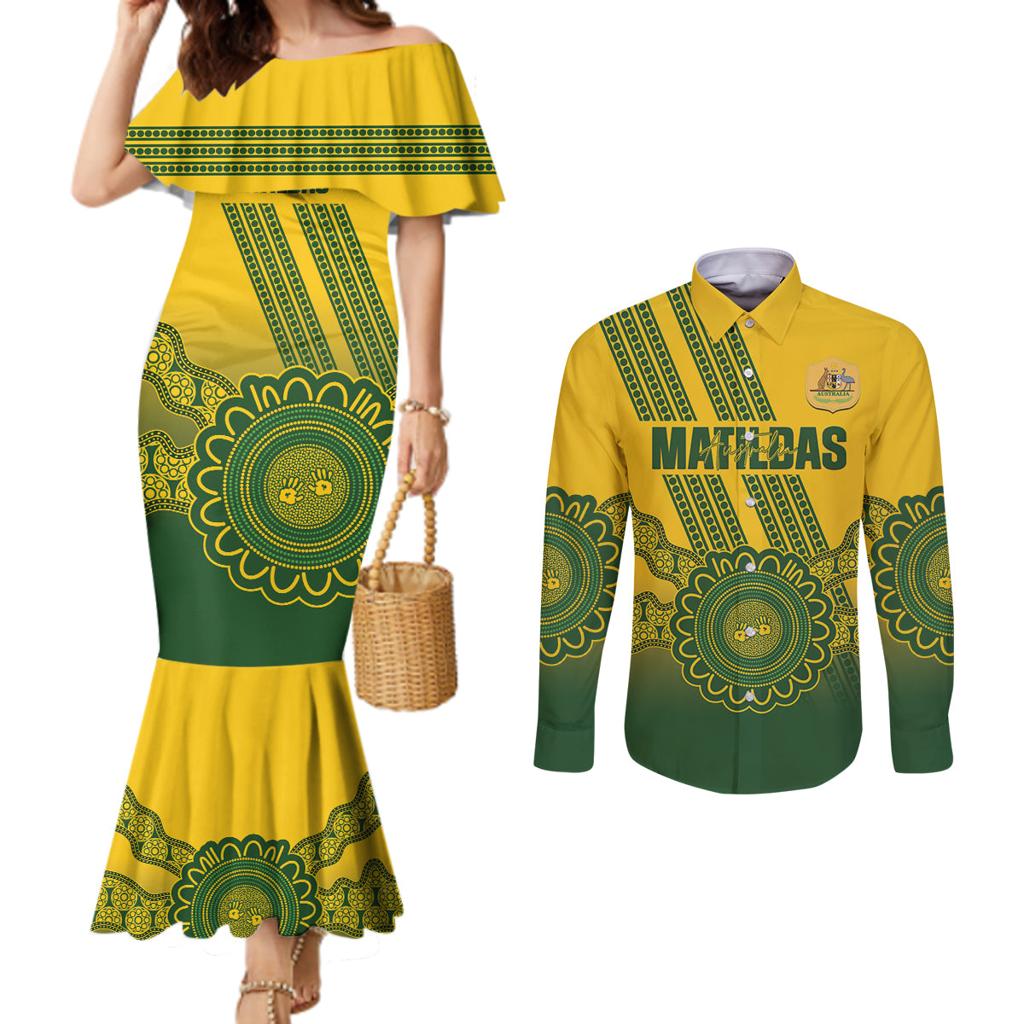 Custom Australia Matildas Couples Matching Mermaid Dress and Long Sleeve Button Shirt Aussie Aboriginal Gold Version