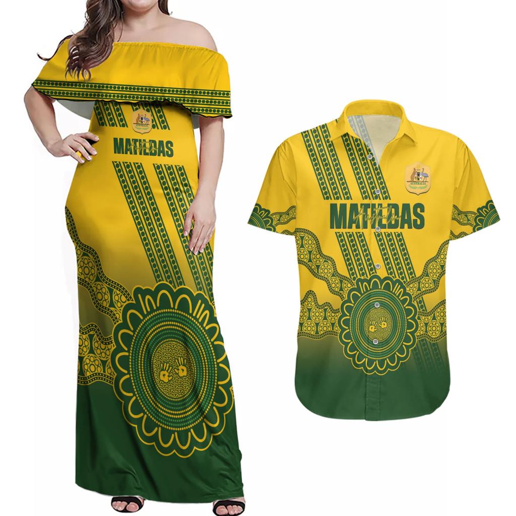 Custom Australia Matildas Couples Matching Off Shoulder Maxi Dress and Hawaiian Shirt Aussie Aboriginal Gold Version
