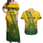 Custom Australia Matildas Couples Matching Off Shoulder Maxi Dress and Hawaiian Shirt Aussie Aboriginal Gold Version