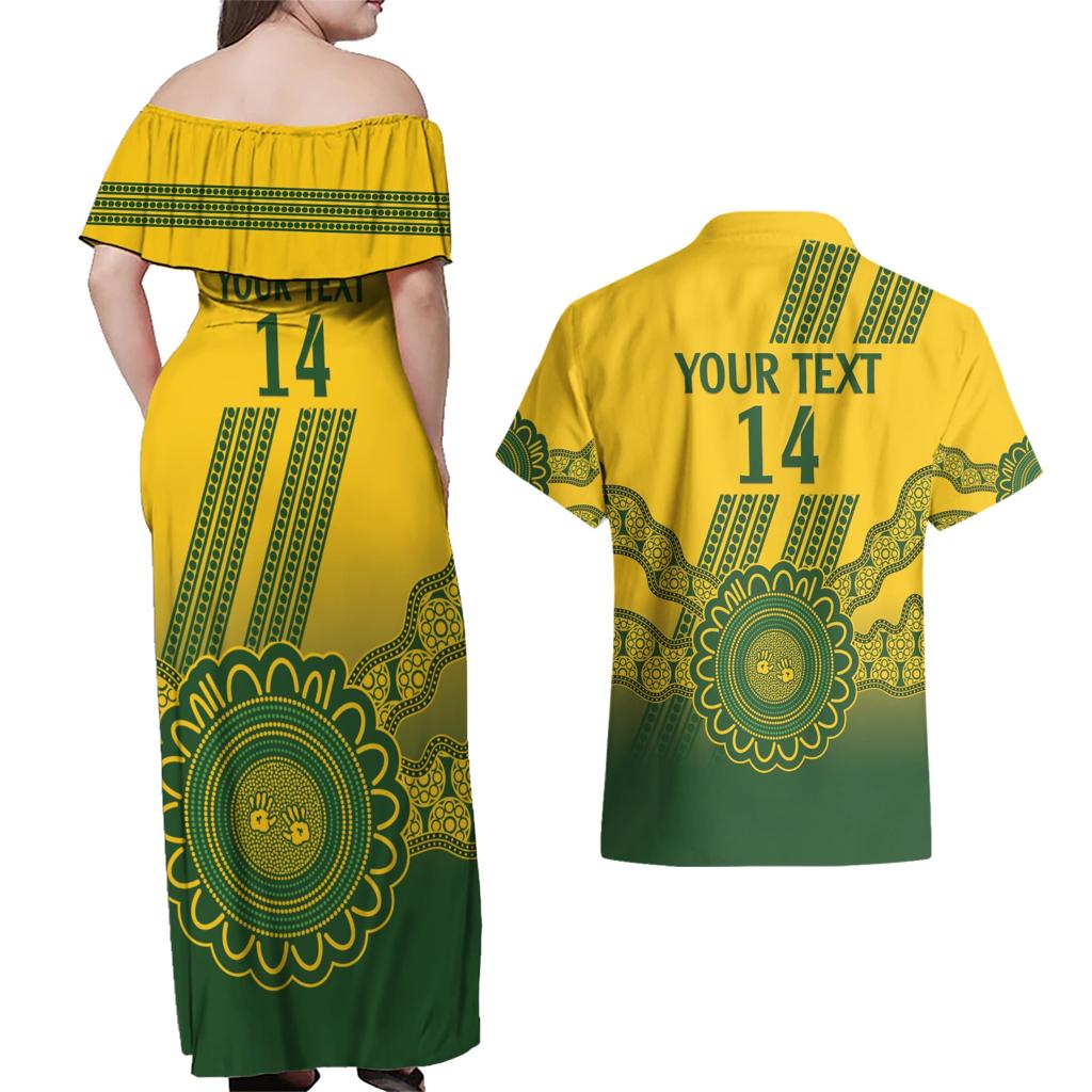 Custom Australia Matildas Couples Matching Off Shoulder Maxi Dress and Hawaiian Shirt Aussie Aboriginal Gold Version