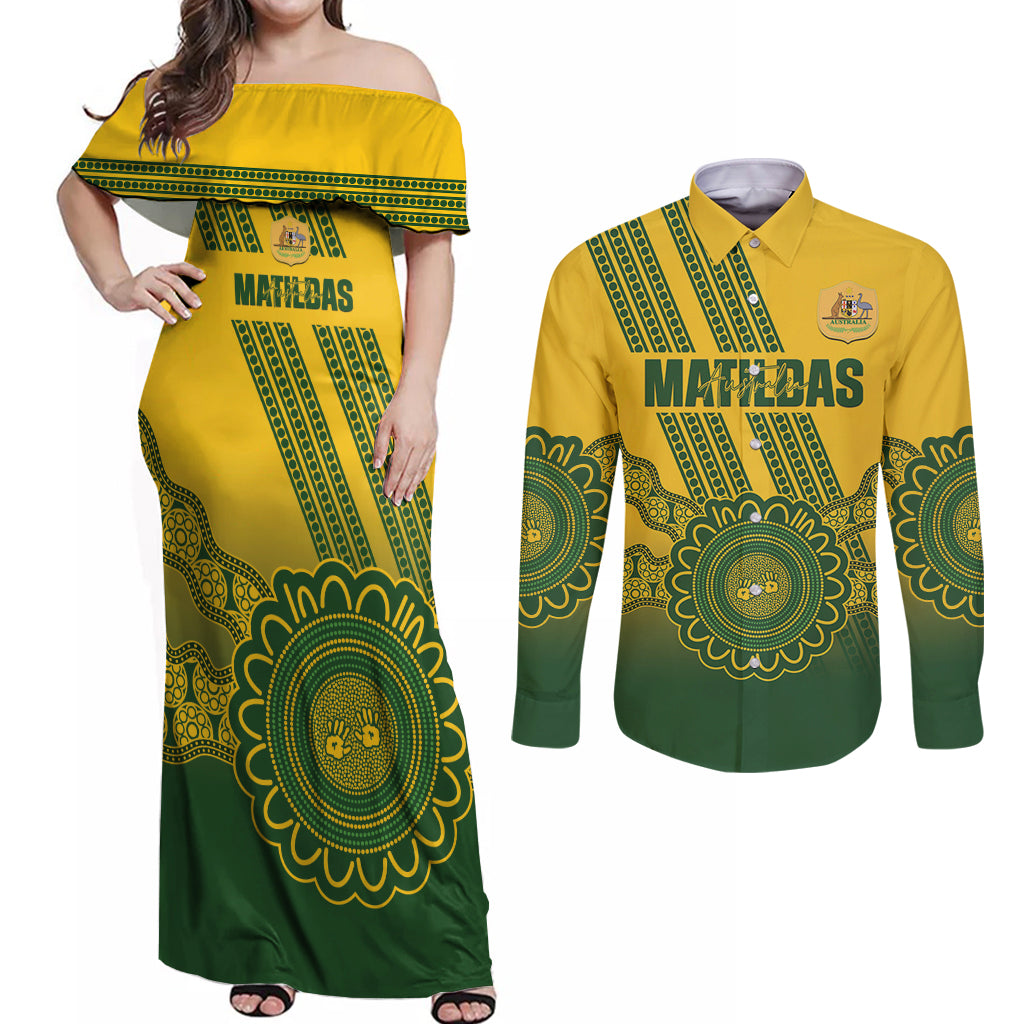 Custom Australia Matildas Couples Matching Off Shoulder Maxi Dress and Long Sleeve Button Shirt Aussie Aboriginal Gold Version