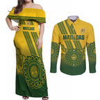 Custom Australia Matildas Couples Matching Off Shoulder Maxi Dress and Long Sleeve Button Shirt Aussie Aboriginal Gold Version