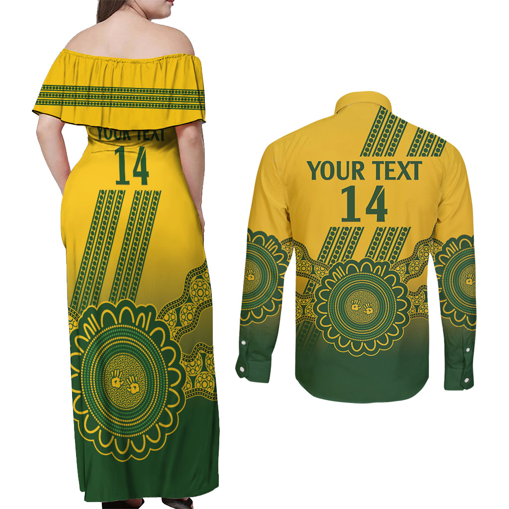 Custom Australia Matildas Couples Matching Off Shoulder Maxi Dress and Long Sleeve Button Shirt Aussie Aboriginal Gold Version