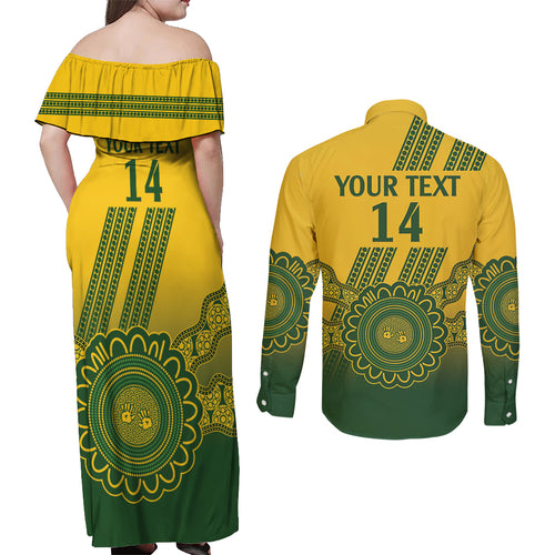 Custom Australia Matildas Couples Matching Off Shoulder Maxi Dress and Long Sleeve Button Shirt Aussie Aboriginal Gold Version