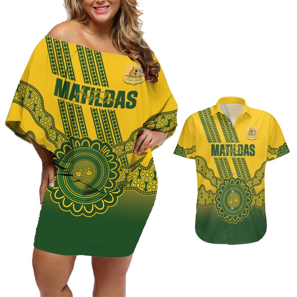 Custom Australia Matildas Couples Matching Off Shoulder Short Dress and Hawaiian Shirt Aussie Aboriginal Gold Version