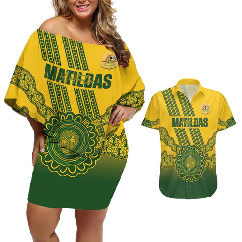 Custom Australia Matildas Couples Matching Off Shoulder Short Dress and Hawaiian Shirt Aussie Aboriginal Gold Version