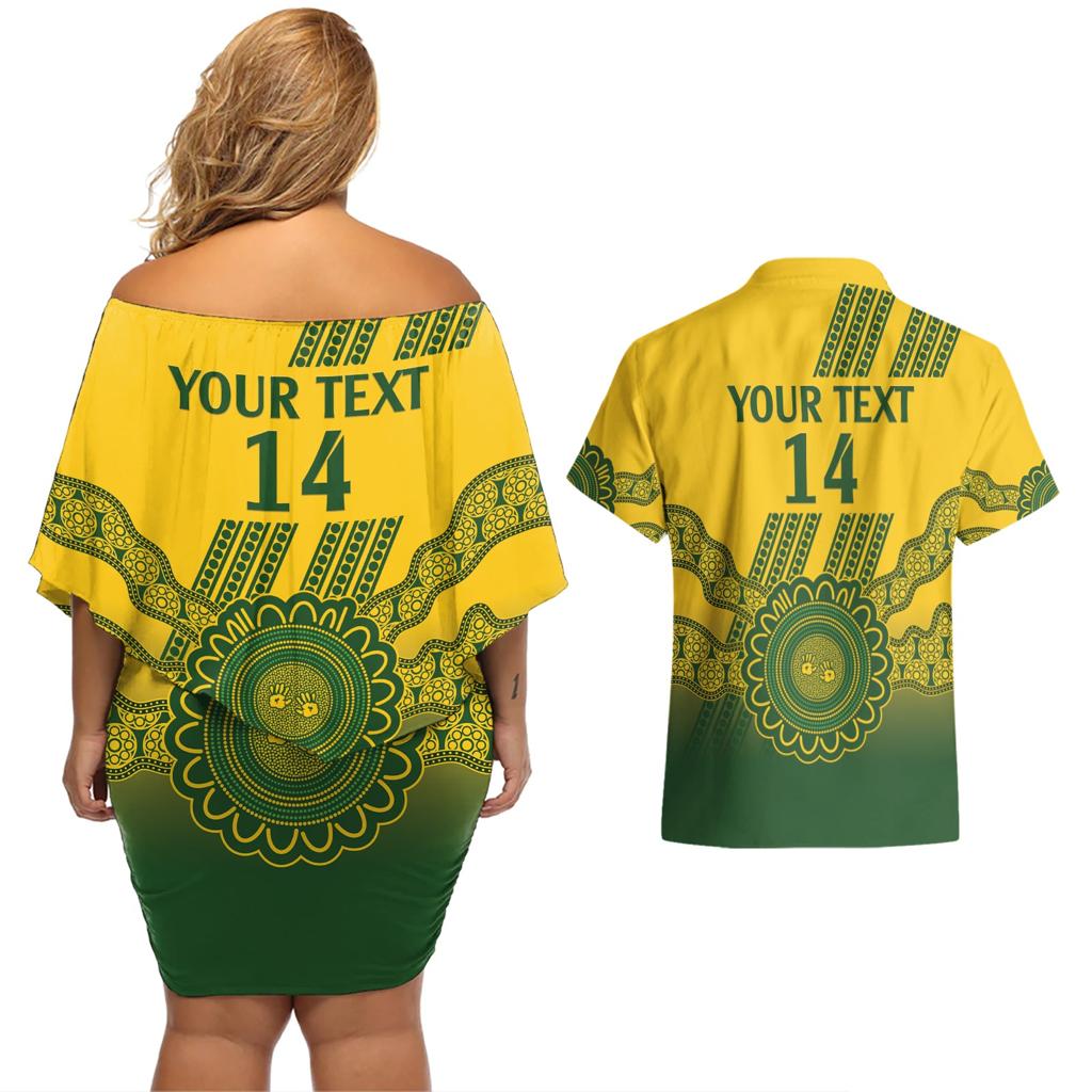 Custom Australia Matildas Couples Matching Off Shoulder Short Dress and Hawaiian Shirt Aussie Aboriginal Gold Version