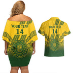 Custom Australia Matildas Couples Matching Off Shoulder Short Dress and Hawaiian Shirt Aussie Aboriginal Gold Version