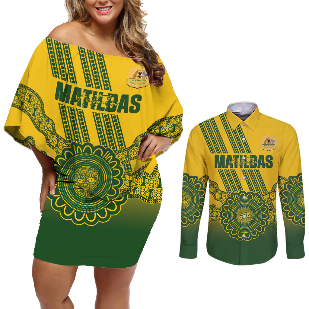 Custom Australia Matildas Couples Matching Off Shoulder Short Dress and Long Sleeve Button Shirt Aussie Aboriginal Gold Version