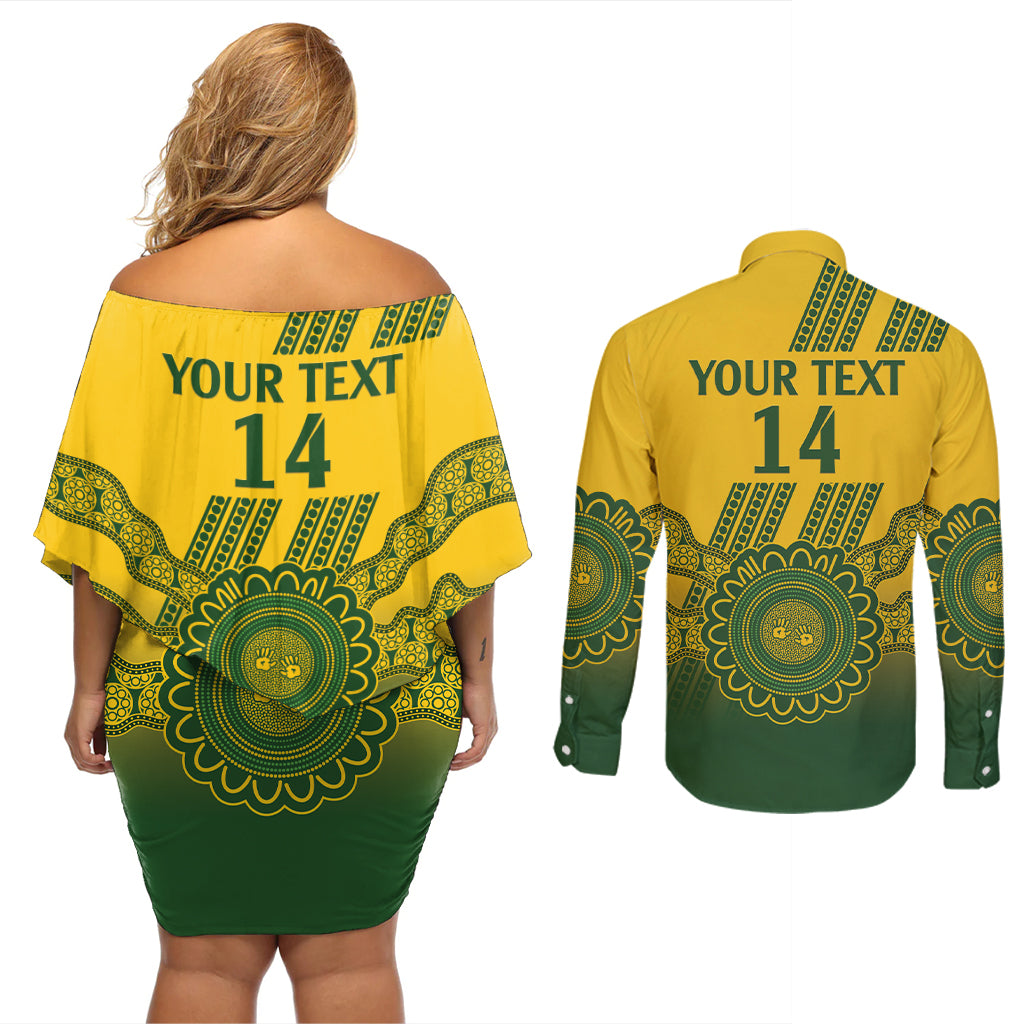 Custom Australia Matildas Couples Matching Off Shoulder Short Dress and Long Sleeve Button Shirt Aussie Aboriginal Gold Version