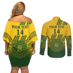 Custom Australia Matildas Couples Matching Off Shoulder Short Dress and Long Sleeve Button Shirt Aussie Aboriginal Gold Version