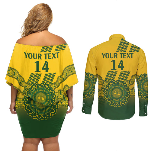 Custom Australia Matildas Couples Matching Off Shoulder Short Dress and Long Sleeve Button Shirt Aussie Aboriginal Gold Version
