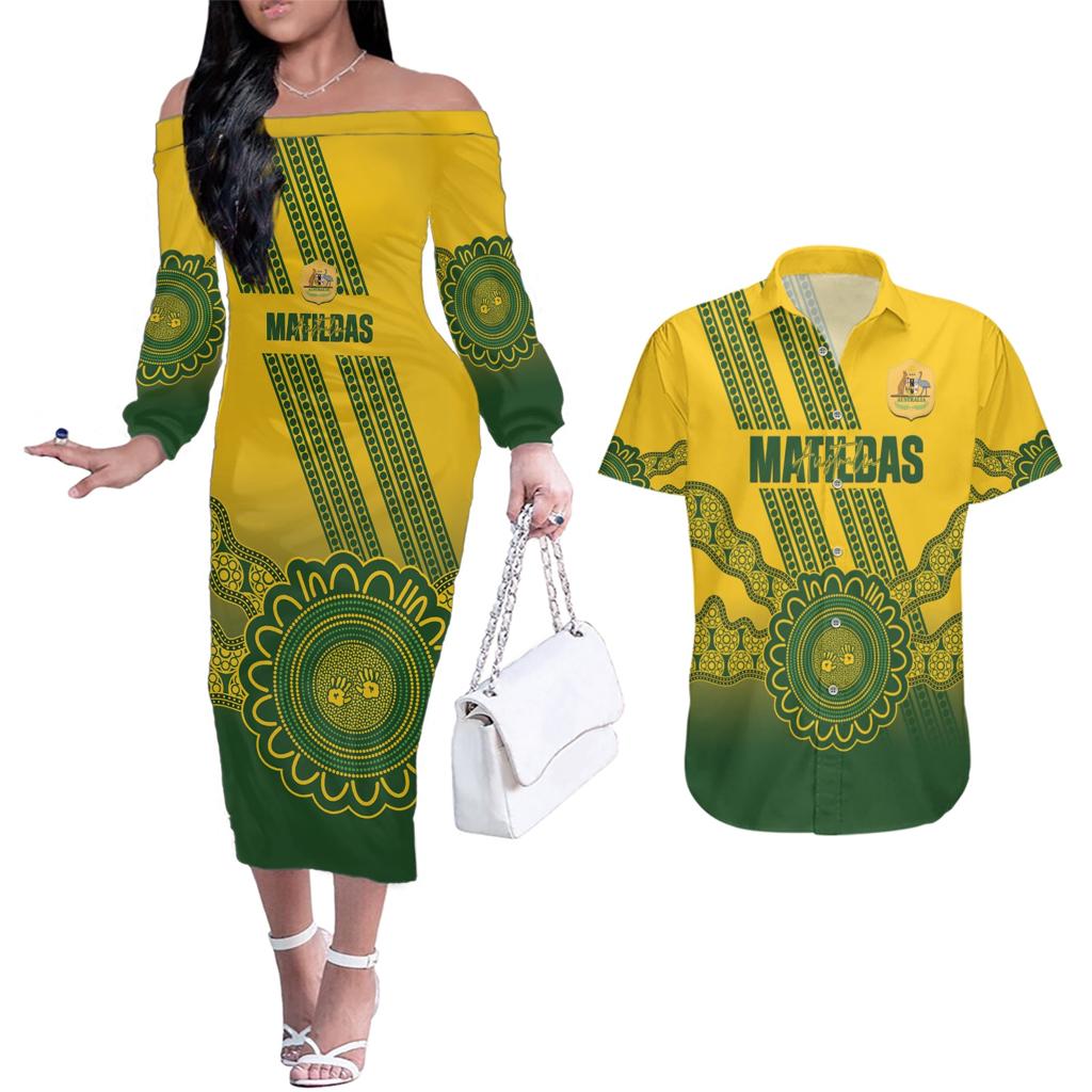 Custom Australia Matildas Couples Matching Off The Shoulder Long Sleeve Dress and Hawaiian Shirt Aussie Aboriginal Gold Version